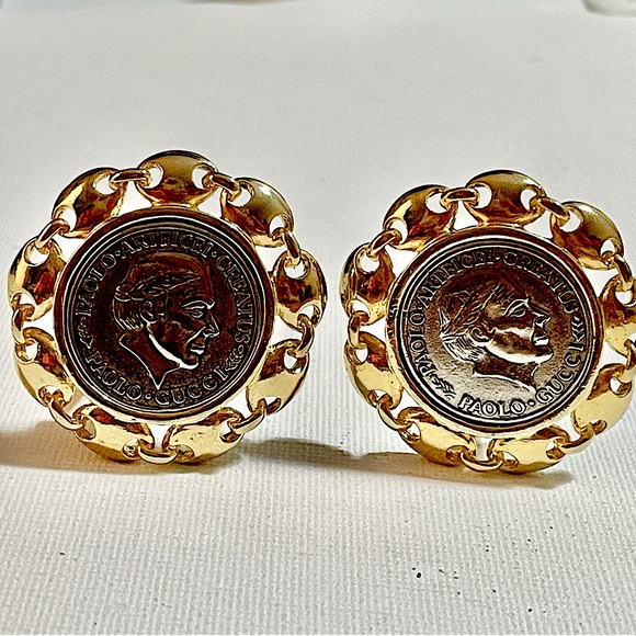 Gucci Coin Clip On Earrings Mariner Link Gold Silver Signed - Picture 5 of 5